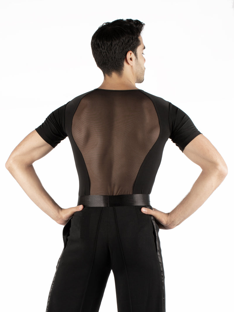 Short sleeved simplicity with an all mesh back. Super soft spandex, trunks attached with snap closure. 