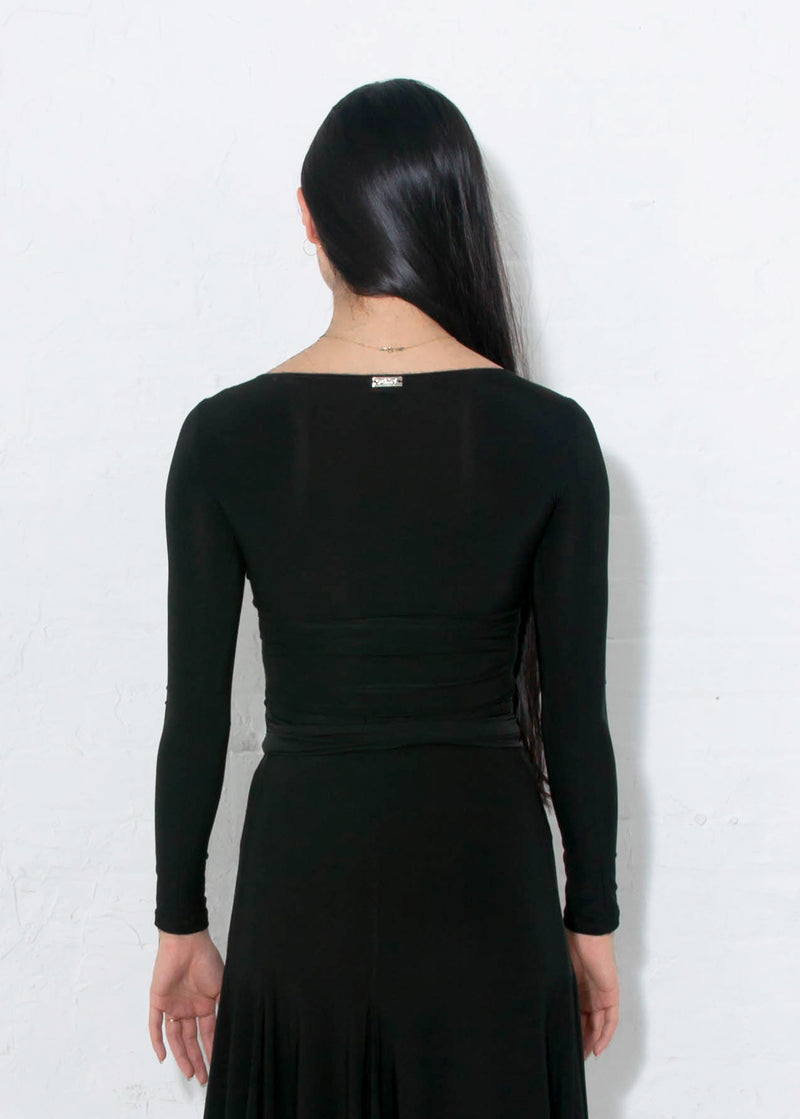 Long sleeved black Miari ballroom dance top with asymmetrical keyhole in a super-soft luxe wicking spandex fabric.
