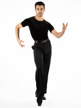 Short sleeved ballroom simplicity, mesh and velvet. Super soft, quick dry spandex, trunks attached with snap closure. 