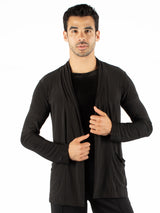 Miari men's black lightweight draped shawl collar. Open front without closure. Side pockets
