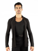 Miari men's black lightweight draped shawl collar. Open front without closure. Side pockets.