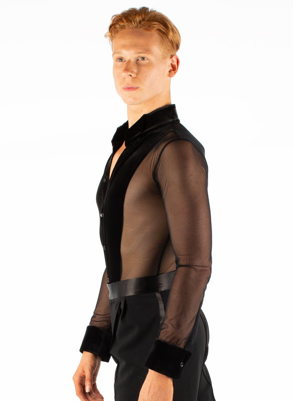 Miari mens black Theodore ballroom shirt with mesh body and contrasting velvet trims. Button front closure. Super soft spandex, trunks attached.
