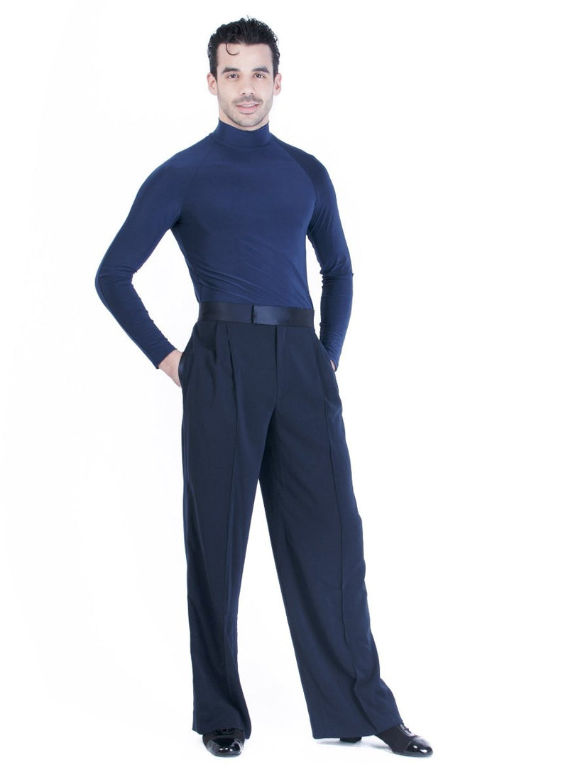 Miari mens Luca ballroom dance trousers in navy with satin waistband, pin tuck pleats, and pockets. Wide leg, satin trim down side seam. Durable crepe material no wrinkle machine washable. 