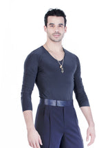 Classic ballroom silhouette for men with v-neck and a rounded hem.