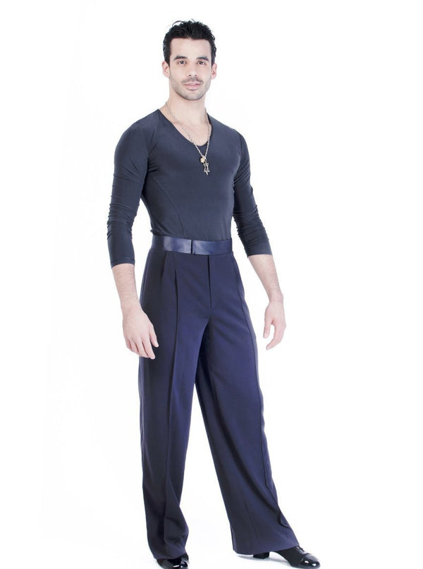 Miari mens steel Luca ballroom dance trousers  with satin waistband, pin tuck pleats, and pockets. Wide leg, satin trim down side seam. Durable crepe material no wrinkle machine washable. 
