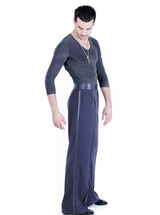 Miari mens steel Luca ballroom dance trousers  with satin waistband, pin tuck pleats, and pockets. Wide leg, satin trim down side seam. Durable crepe material no wrinkle machine washable. 