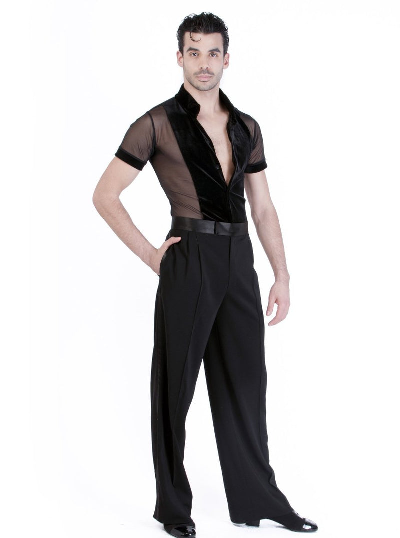 Miari mens dance trousers with satin waistband, pin tuck pleats, and pockets. Wide leg, satin trim down side seam. Durable crepe material no wrinkle machine washable. 