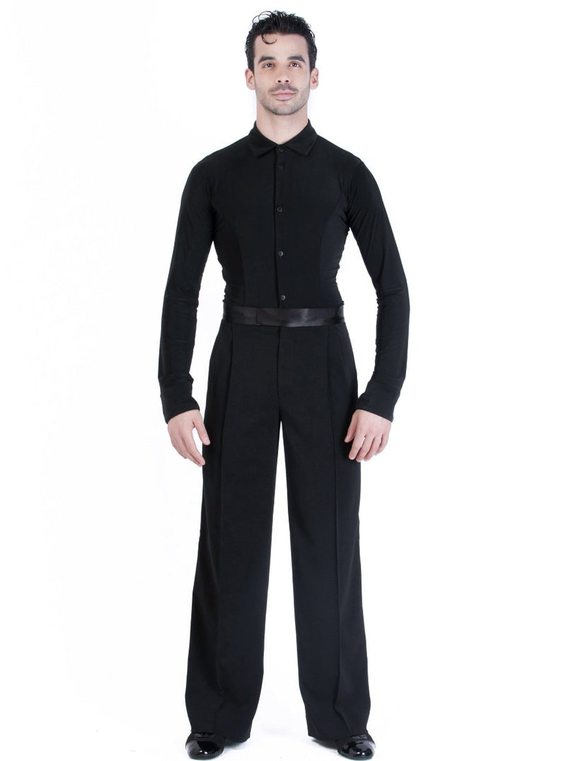 Miari mens dance trousers with satin waistband, pin tuck pleats, and pockets. Wide leg, satin trim down side seam. Durable crepe material no wrinkle machine washable. 