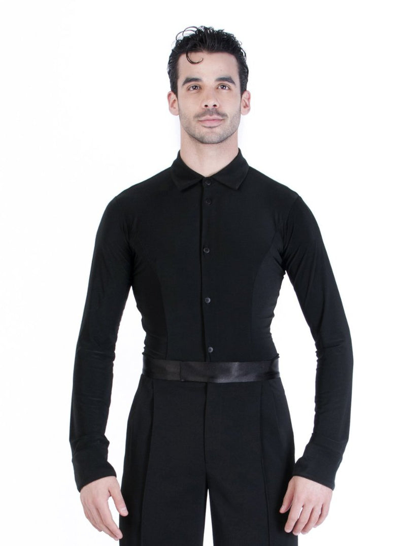 Miari men's black Oxford ballroom dance shirt. Attached trunk shorts keeps this shirt tucked in for a polished look