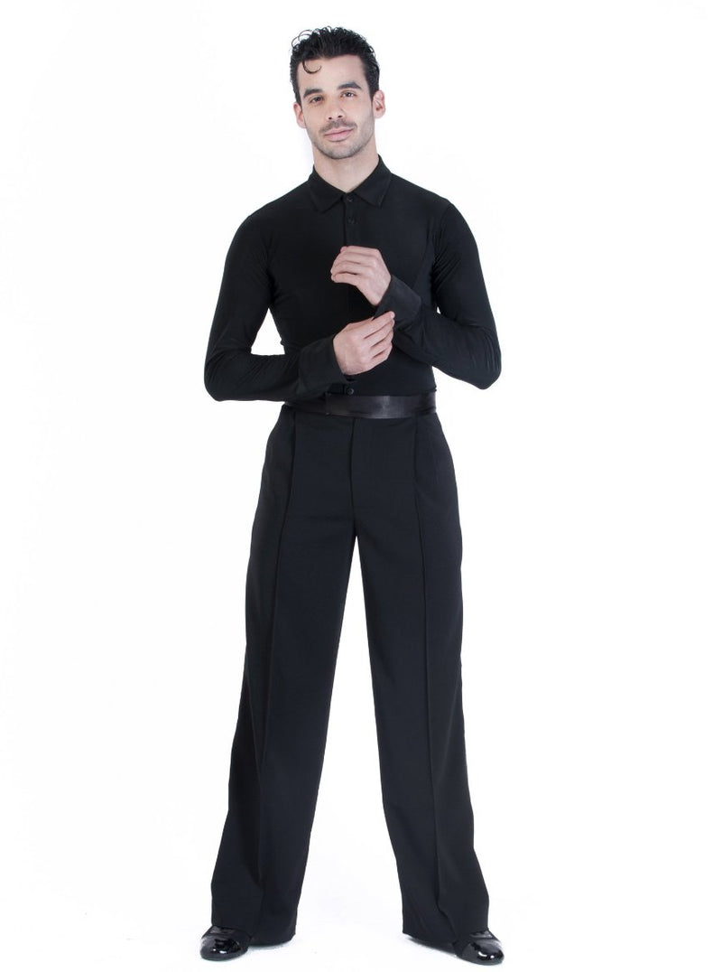 Miari men's black Oxford ballroom dance shirt. Attached trunk shorts keeps this shirt tucked in for a polished look