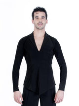 Miari mens ballroom dance blazer jacket with black spandex, wide set collar neckline and short slits at the center front hem and side seams.