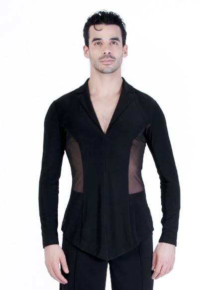 Miari men's ballroom dance blazer jacket with black mesh, wide set collar neckline and short slits at the center front hem and side seams.