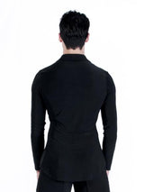Miari mens ballroom dance blazer jacket with black mesh, wide set collar neckline and short slits at the center front hem and side seams.