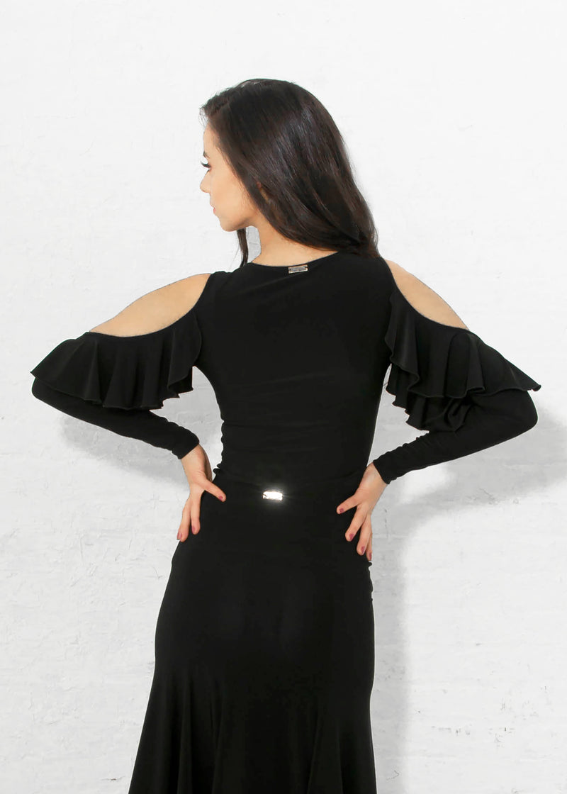 Black Ballroom Dance Top with Open Shoulder and Soft Cascading Ruffle.
