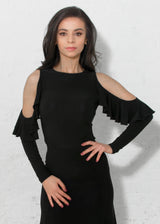 Black Ballroom Dance Top with Open Shoulder and Soft Cascading Ruffle.