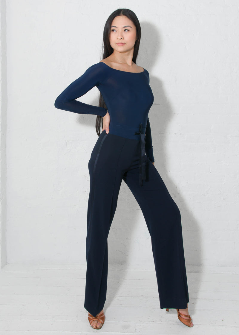 Miari ballroom dance pants with a satin tie and a satin tuxedo stripe down the side in soft and stretchy crepe that does not wrinkle and can be machine washed.