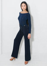 Miari ballroom dance pants with a satin tie and a satin tuxedo stripe down the side in soft and stretchy crepe that does not wrinkle and can be machine washed.
