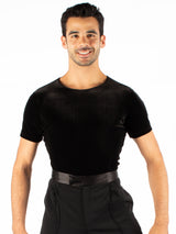 Short sleeved ballroom simplicity, mesh and velvet. Super soft, quick dry spandex, trunks attached with snap closure. 